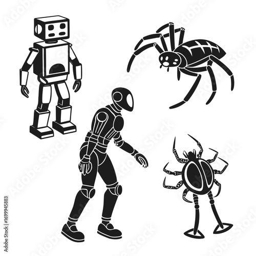 Collection of stylized black and white silhouette illustrations featuring two distinct robots and two different types of spiders symbolizing technology and nature