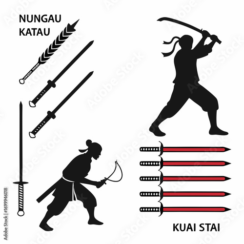 Silhouettes of warriors in traditional martial arts poses wielding various weapons including swords and a whip like tool with text labels nungau katau and kuai stai