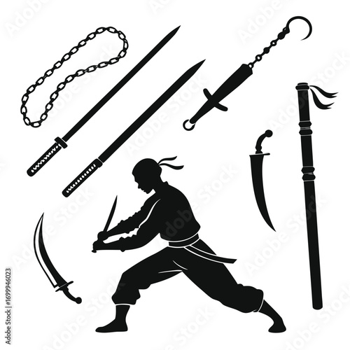 Silhouette of a martial artist in action surrounded by various traditional japanese and asian weapons including swords nunchucks a kusarigama and a bo staff representing combat and warrior arts