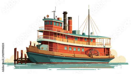 Vintage Paddle Steamer Boat Illustration