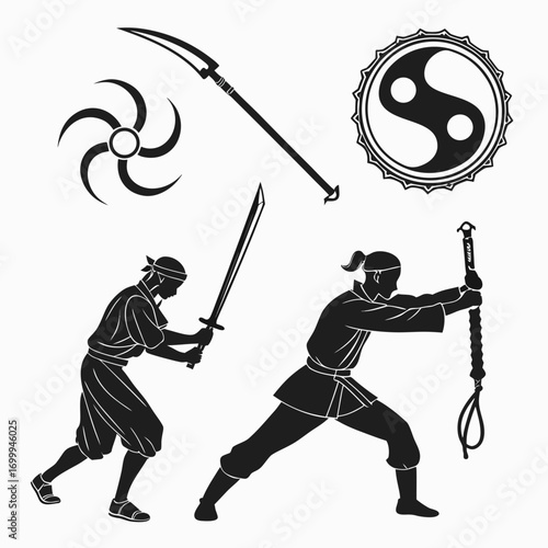 Silhouettes of ninjas in action with traditional japanese weapons including a katana kusarigama shuriken and naginata set against a white background