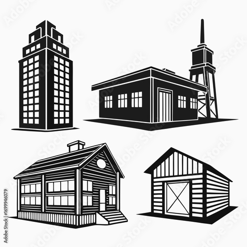 A collection of four distinct building silhouettes including a modern skyscraper a rustic cabin a farm barn and an industrial structure with a water tower all in black and white