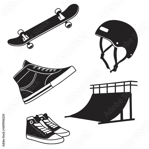 Collection of black and white silhouette icons representing skateboarding and extreme sports equipment including a skateboard helmet sneakers and a ramp