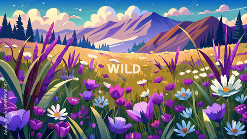 Majestic panoramic grassland bursting with vivid purple and white wildflowers. Close-up textures reveal fragile beauty kissed by sunlight, celebrating peaceful moments, delicate grace, and the endless