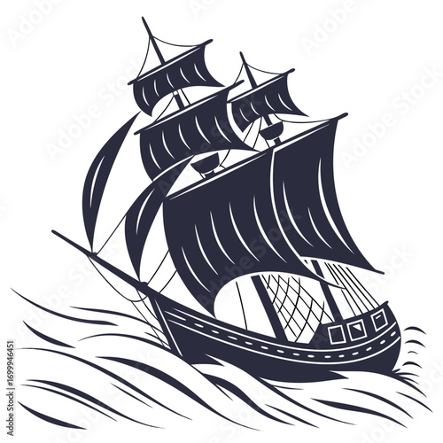 A majestic dark blue silhouette of a three masted sailing ship with full sails navigating through choppy waves on a white background evoking adventure and exploration