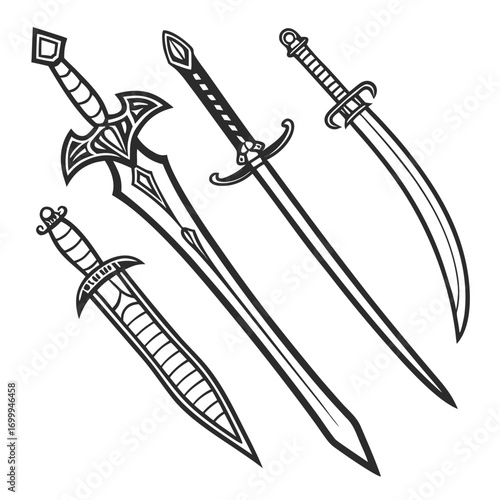 A collection of four stylized black and white line art illustrations of different swords and a dagger presented on a clean white background