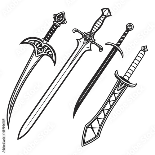 Collection of four intricately designed fantasy swords with detailed hilts and blades presented as black and white line art illustrations on a white background