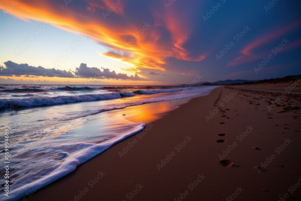 Fototapeta premium Scenic sunset over ocean shoreline with colorful clouds reflecting on wet sand and gentle waves, tranquil beach scene with footprints at twilight