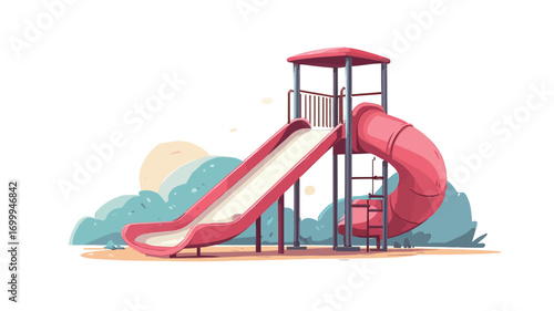Red Playground Slide with Tower and Curved Tube