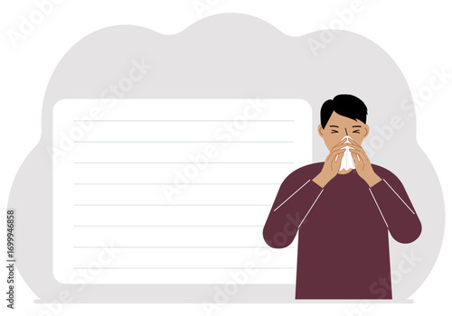 A man covers his nose with his hands with a handkerchief. The concept of a sick person, sneezing, seasonal allergies, bad smell.