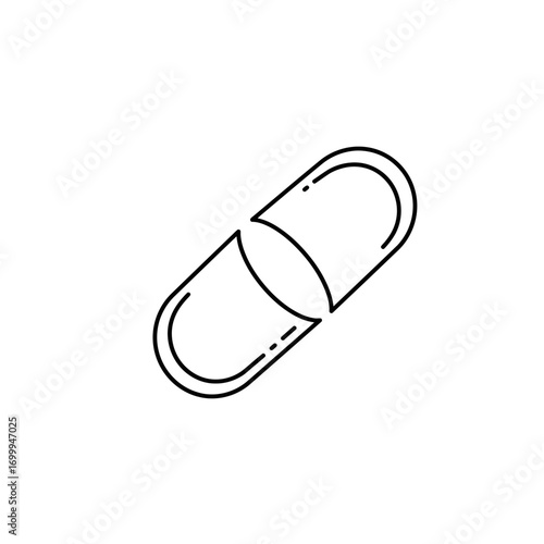 A minimalist black and white line art illustration depicts a single pharmaceutical capsule, symbolizing medicine, health, and treatment.