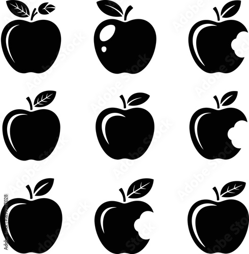 Collection of Various Black Silhouette Apple Icons and Symbols Representing Freshness Health and Natural Fruit Elements