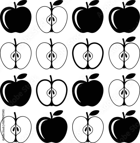 A Collection of Stylized Apple Illustrations Featuring Whole and Halved Designs in Black and White