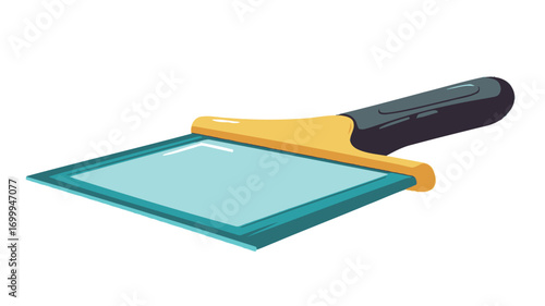 A digital illustration of an ice scraper with an integrated sponge. The scraper has a yellow and gray handle and a teal cleaning blade. The sponge is light blue. The image is clean, bright