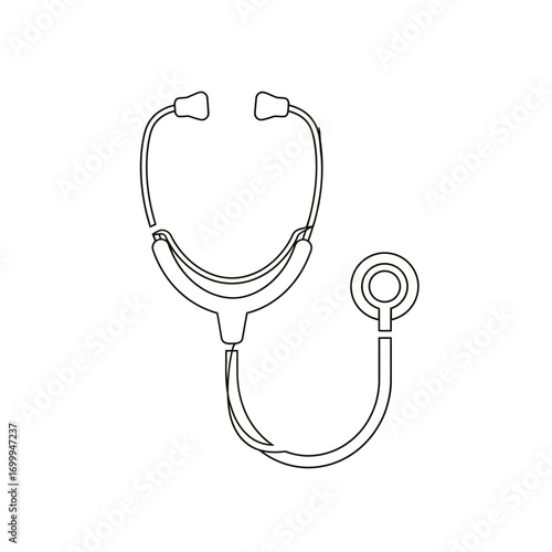 This minimalist black and white line art illustration depicts a classic stethoscope, symbolizing healthcare, medical diagnosis, and essential doctor's equipment.