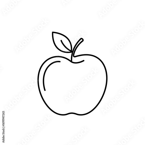 A crisp, minimalist black and white outline drawing of a fresh apple with a stem and a leaf, perfect for health, education, and modern graphic design.