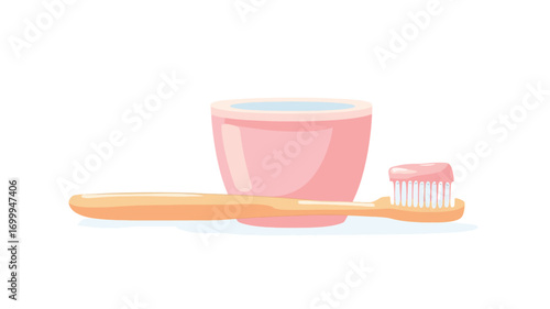 A digital illustration depicting a light pink cylindrical cup containing toothpaste and a light wooden-handled toothbrush with pink toothpaste on the bristles.