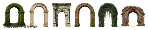 Ancient archways set including mossy, stone, brick, ivy, and ruined styles isolated. Architectural elements collection.
