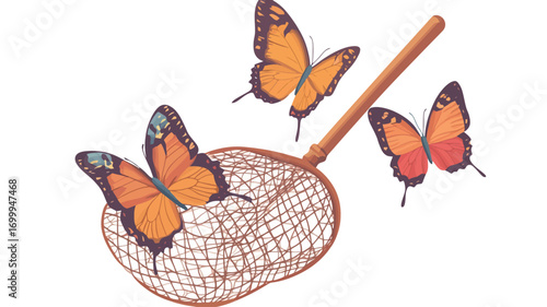 A digital illustration depicting three monarch butterflies near a butterfly net. Two butterflies are in flight, one is partially inside the net.  The net is light beige with a wooden handle.
