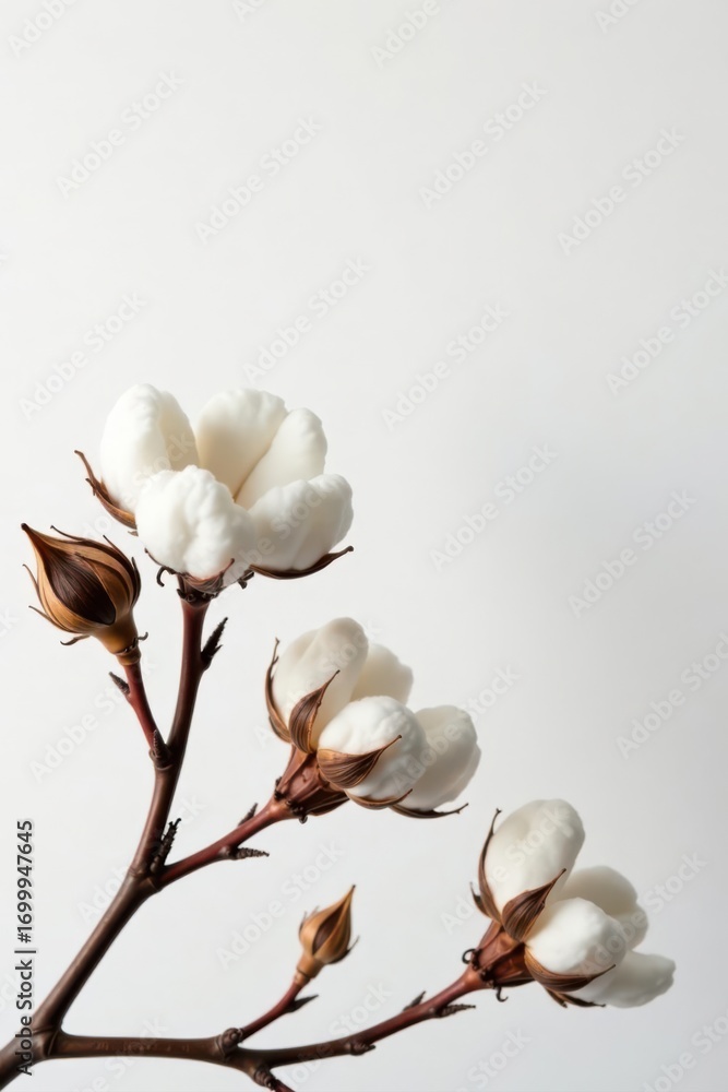 Fototapeta premium Cotton flower composition, minimalist white backdrop Copy space available , cotton, website, texture