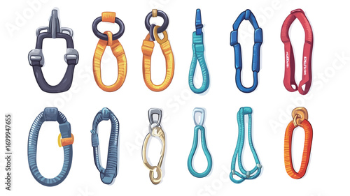 A digital illustration depicting a collection of various climbing equipment and hardware, including carabiners of different shapes and colors, slings, and rope loops.