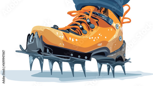 A close-up vector illustration of a yellow mountaineering boot equipped with dark gray metal crampons. The boot is shown from a slightly low angle, emphasizing the crampons.