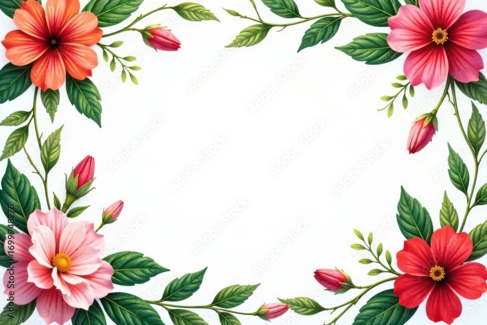 Obraz premium Intricate floral pattern, diverse blooms & lush green leaves on pure white backdrop , white, bloom