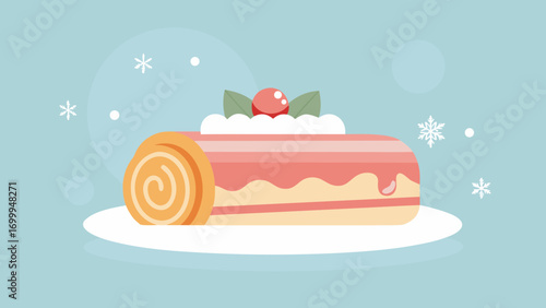 Christmas hybrid dessert roll with pink icing, whipped cream and cherry on top in festive style
