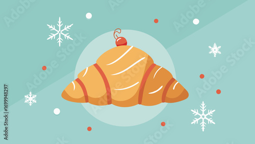 Christmas croissant hybrid dessert with cherry topping and festive icing pastel background with geometric snowflakes