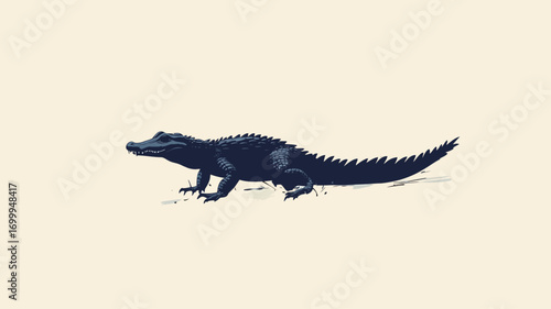 A stylized illustration of a crocodile depicted in a dark blue monochrome color scheme against an off-white background. The illustration is simple and minimal in style, lacking intricate details,