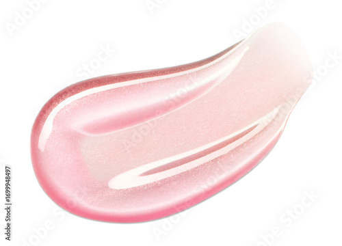 Pink lip gloss texture isolated on white background. Smudged cosmetic lipgloss product smear. Makeup swatch product sample