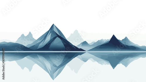 The image is a digital illustration depicting a stylized mountain range reflected in a calm body of water. The color palette is limited to varying shades of blue, creating a minimalist and serene