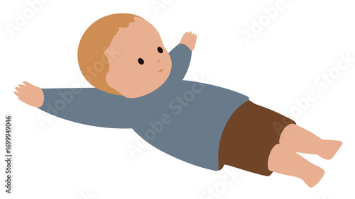 A digital illustration of a cartoon baby, rendered in a simple style. The baby is depicted with light skin, light brown hair, and is wearing a gray long-sleeved shirt and brown shorts. 