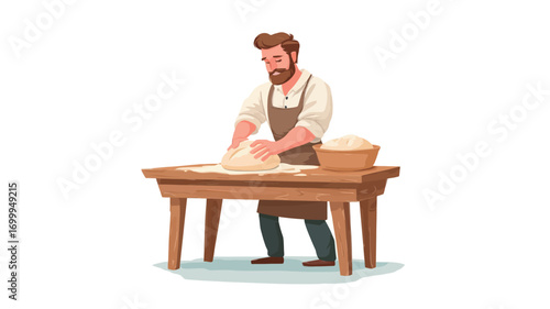 A digital illustration depicting a bearded man wearing an apron, standing at a simple wooden table kneading dough.  The scene is set against a plain white background. The illustration style is