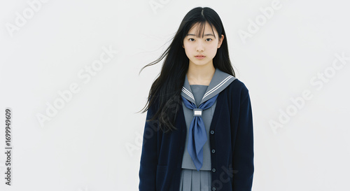 風になびく黒髪と制服の女子学生