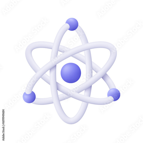 Atom model with a central nucleus and orbiting electrons. Nuclear energy, scientific research, molecular chemistry, physics science and research concept. 3d vector icon. Cartoon minimal style.