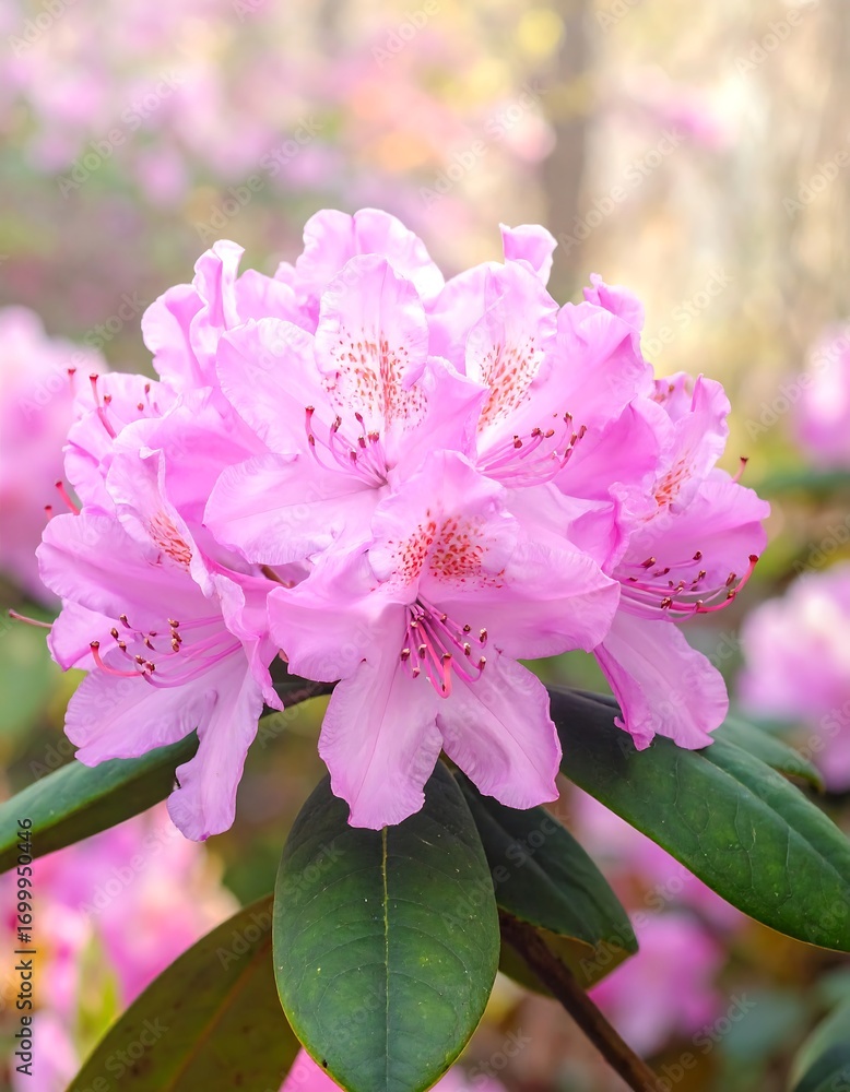 Obraz premium A cluster of vibrant pink rhododendron blossoms, with soft focus background, showcases the delicate beauty of springtime.