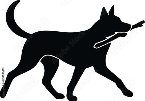 vector silhouette, dog fetching stick, trotting side view, solid black
