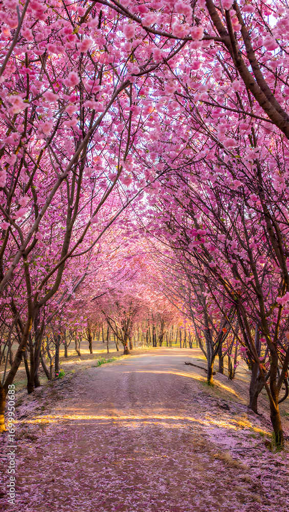 Fototapeta premium Enchanting pink cherry blossom tunnel path under blooming trees a scenic spring walk