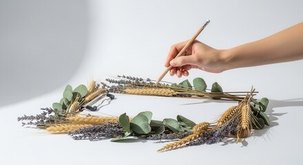 A hand holds a pencil over a white surface bordered by a decorative arrangement of dried wheat lavender and eucalyptus creating an open frame