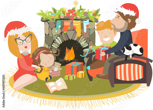 Family celebrating Christmas at fireplace. Vector illustration