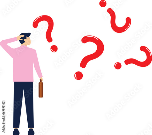 analysis of problems or irregularities, investigate the root cause of an incident or problem, looking for a solution to a problem, confused businessman analyzing question mark

