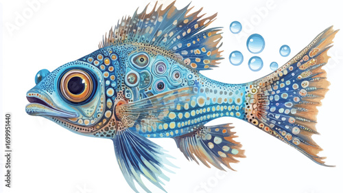 A digital illustration of a stylized fish. The fish is predominantly blue with intricate patterns of smaller circles and dots in various shades of blue, orange, and brown.  Its scales are highly