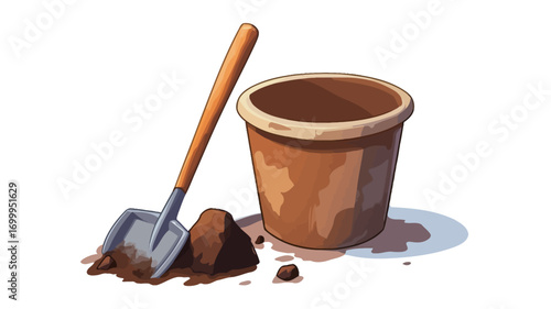 A digital illustration depicting a small, brown gardening pot, a small shovel with an orange wooden handle, and a pile of dark brown soil against a white background. The style is cartoonish or