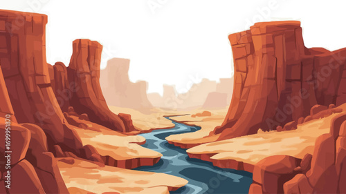 A digital illustration depicting a canyon landscape with a river flowing through it. The style is cartoonish or stylized, with simplified forms and vibrant colors. The color palette is dominated by