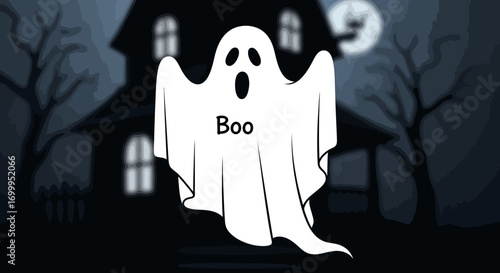 Spooky ghost says Boo in front of haunted house on Halloween night