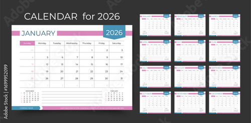 2026 calendar. Planner template. Week starts Sunday. Yearly calender organizer layout. Scheduler grid for desk. Monthly diary with 12 month. Vector illustration. Horizontal landscape design, A5.
