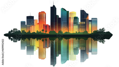 The image is a stylized illustration of a city skyline reflected in water. The buildings are depicted in various heights and colors, suggesting a modern city at either dawn or dusk.