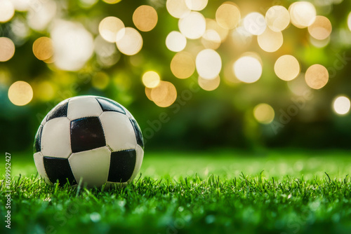 Traditional black and white soccer ball resting on lush green grass field outdoors. Warm golden bokeh lights illuminate the soft blurred background.