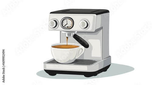 A digital illustration of a white and black espresso machine brewing espresso into a white coffee cup. The machine has a timer and buttons. The background is white, and the image is clean and